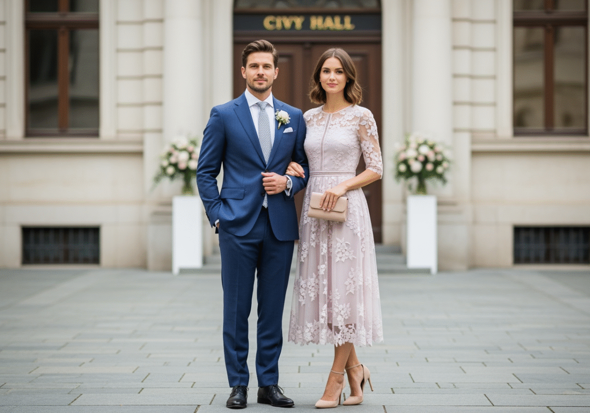 Para w eleganckich strojach stoi przed urzędem miasta podczas ślubu cywilnego na tle dekoracji.