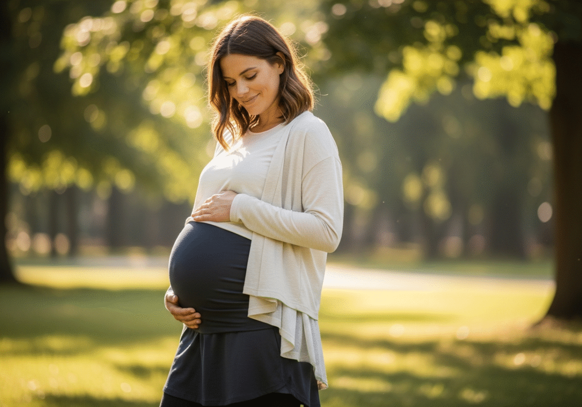 Kobieta w ciąży w wygodnych ubraniach ciążowych stoi na tle parku, trzymając się za brzuch i uśmiechając.