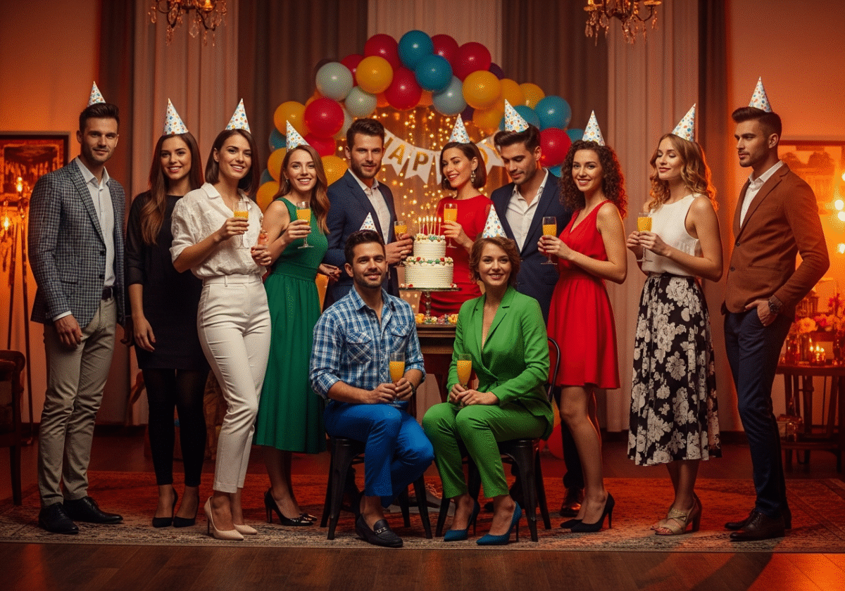 Grupa ludzi na urodzinowej imprezie w różnorodnych stylowych strojach, z balonami i tortem w tle