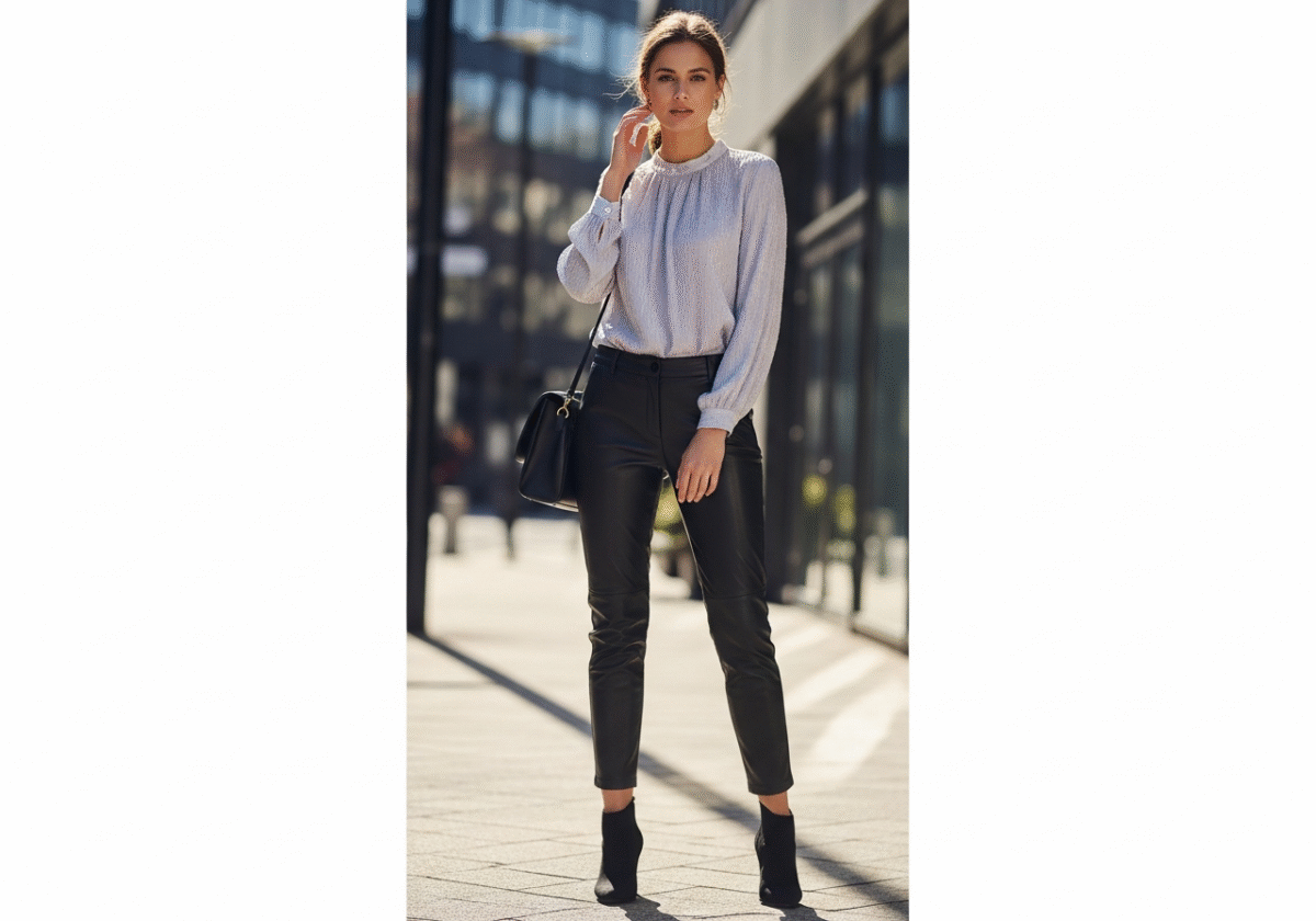 Kobieta w czarnych skórzanych spodniach i pastelowej bluzce na tle rozmytego miejskiego krajobrazu