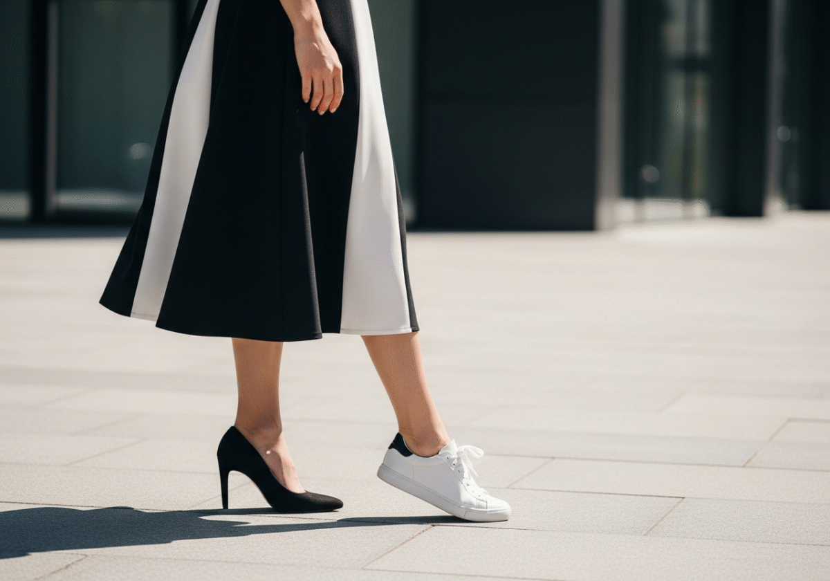 Kobieta w czarno-białej sukience prezentująca stylowe buty na tle miejskiej scenerii w naturalnym świetle