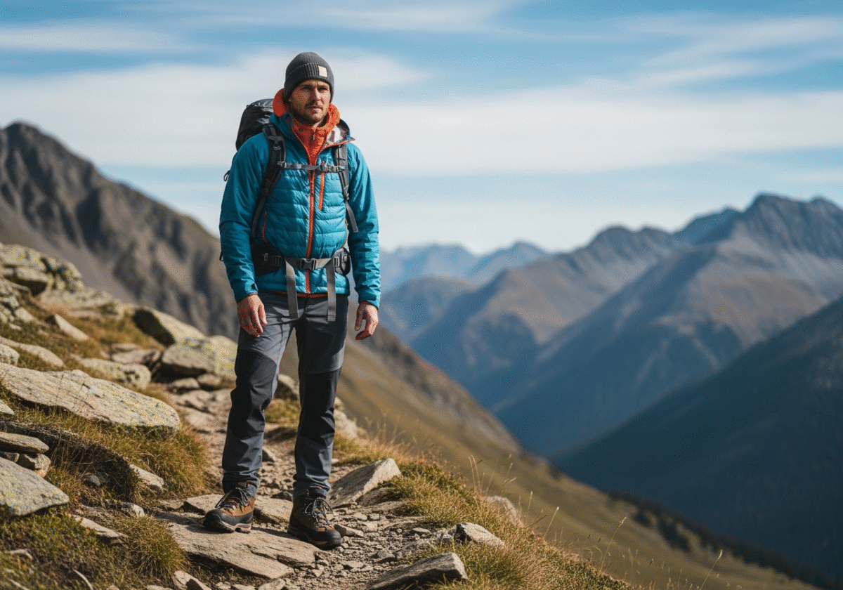 Wędrowiec w odzieży górskiej stoi na skalistej ścieżce z widokiem na alpejskie szczyty.
