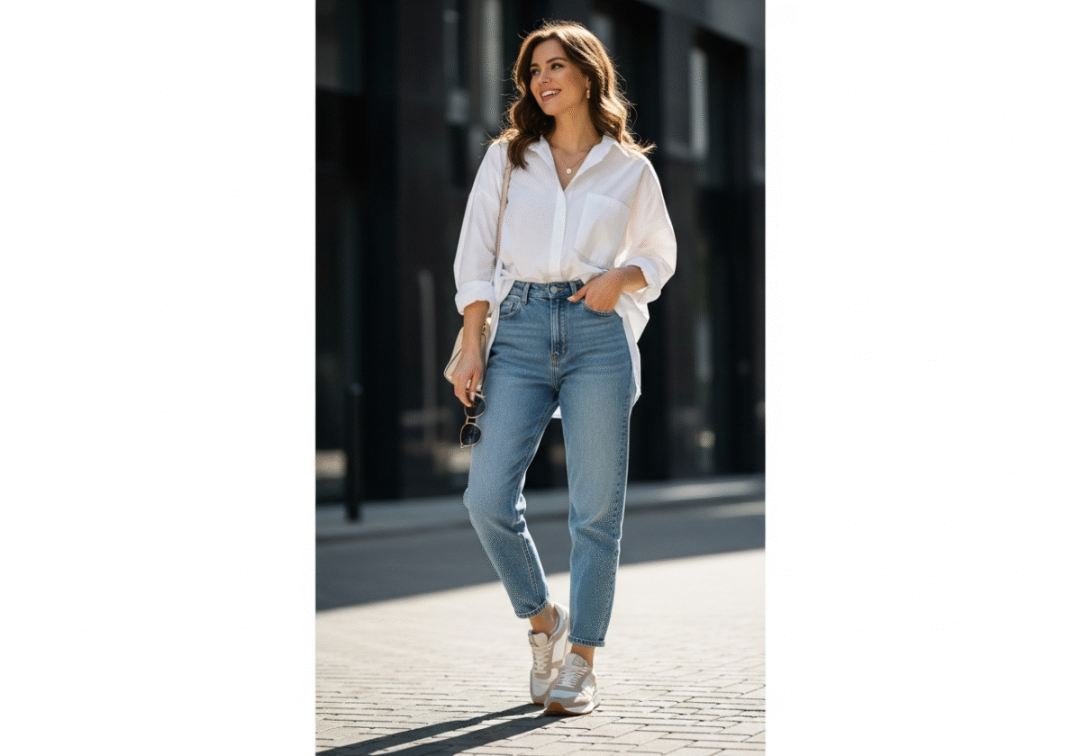 Młoda kobieta w jasnych jeansach i białej koszuli stoi na miejskiej ulicy, trzymając okulary przeciwsłoneczne.