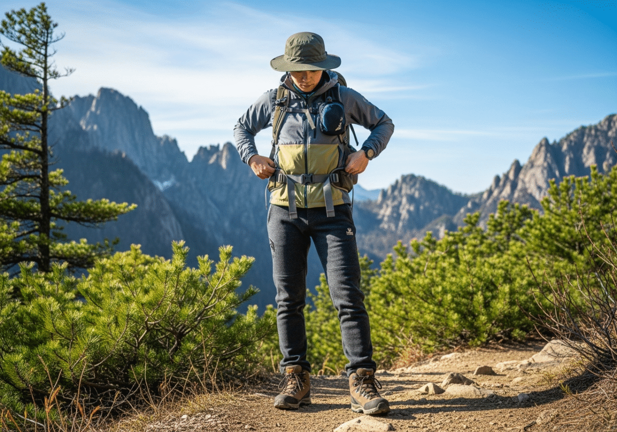 Osoba na górskim szlaku reguluje plecak, otoczona sosnami i skalistymi szczytami pod niebieskim niebem