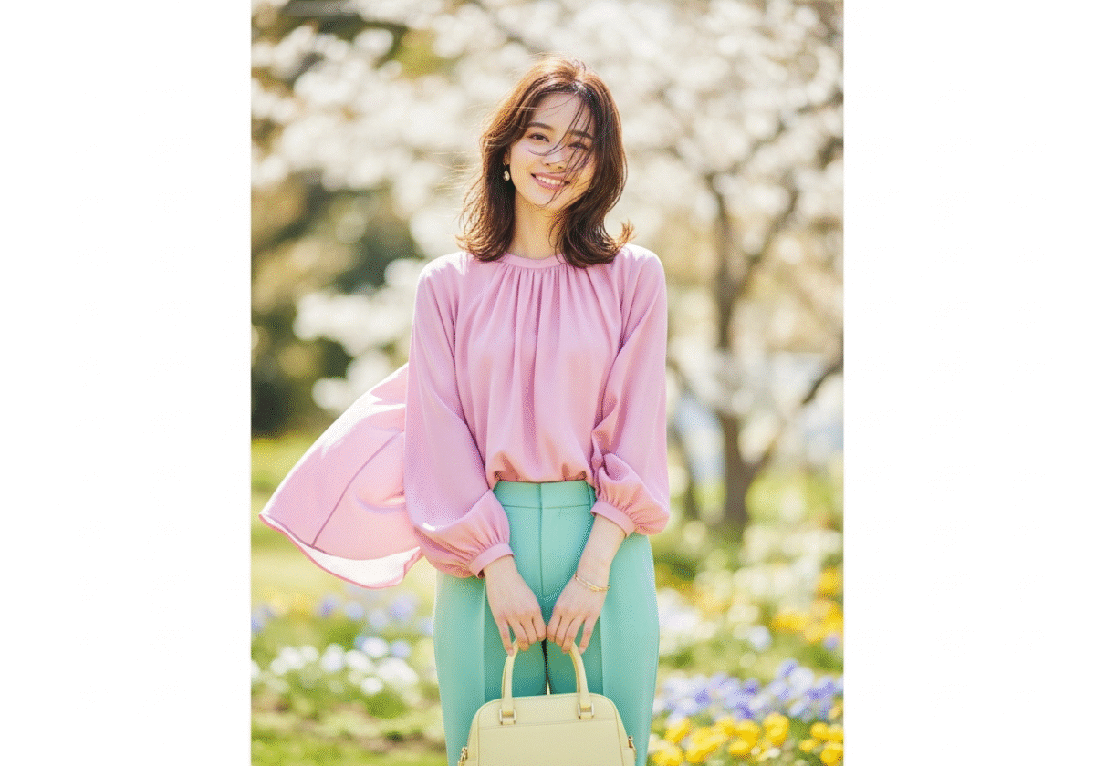 Młoda kobieta w pastelowym ubraniu z torebką stoi w ogrodzie z kwiatami w naturalnym świetle.