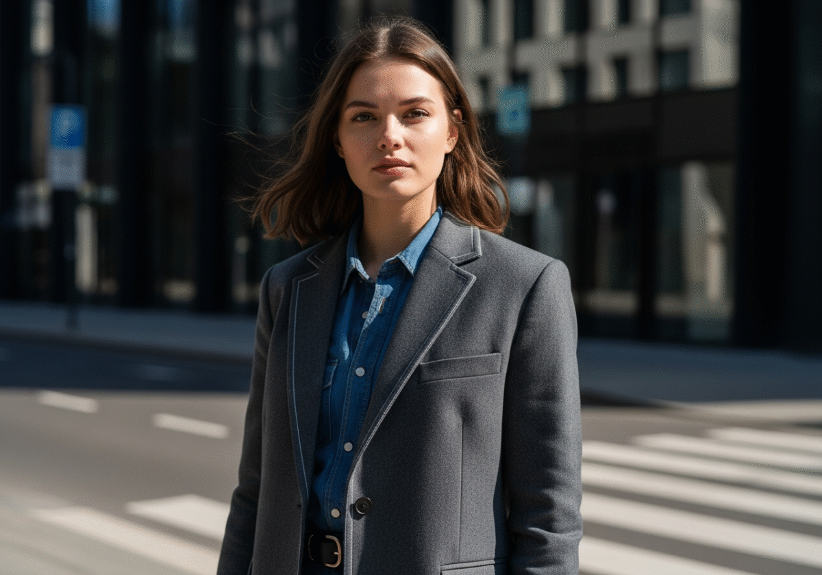 Młoda kobieta w marynarce stoi pewnie na ulicy miasta w naturalnym świetle, zdjęcie modowe w formacie 4:3