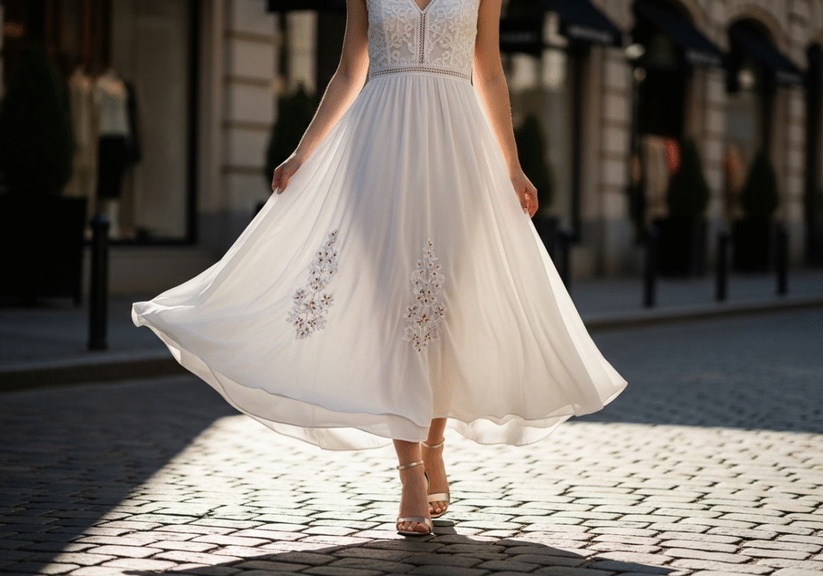 Kobieta w białej letniej sukience i eleganckich butach na brukowanej ulicy w miejskim otoczeniu