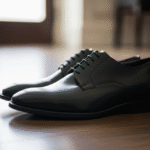 Para czarnych eleganckich butów na ciemnej drewnianej podłodze w spokojnym, uroczystym świetle.