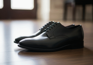 Para czarnych eleganckich butów na ciemnej drewnianej podłodze w spokojnym, uroczystym świetle.