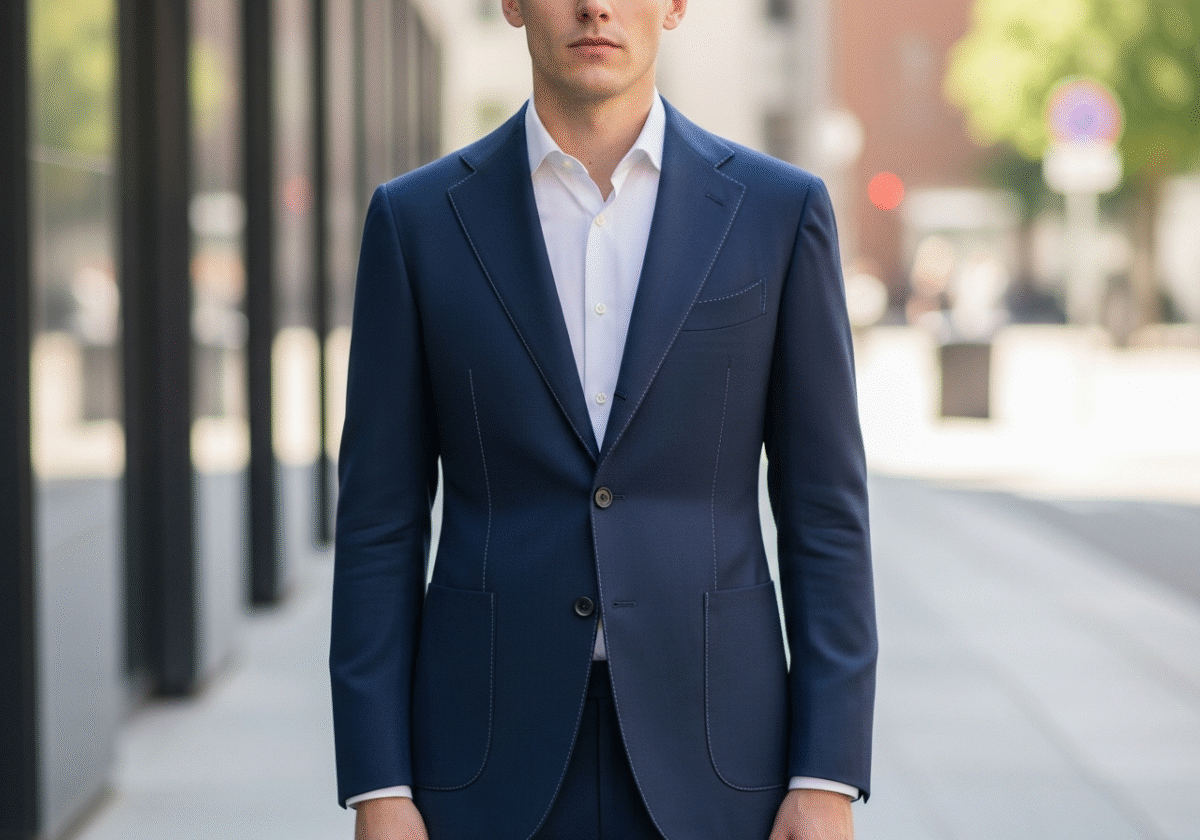 Męski model w granatowej marynarce i białej koszuli na tle rozmytego miejskiego krajobrazu