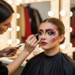Profesjonalna makijażystka wykonuje teatralny makijaż na kobiecie w garderobie z kostiumami w tle