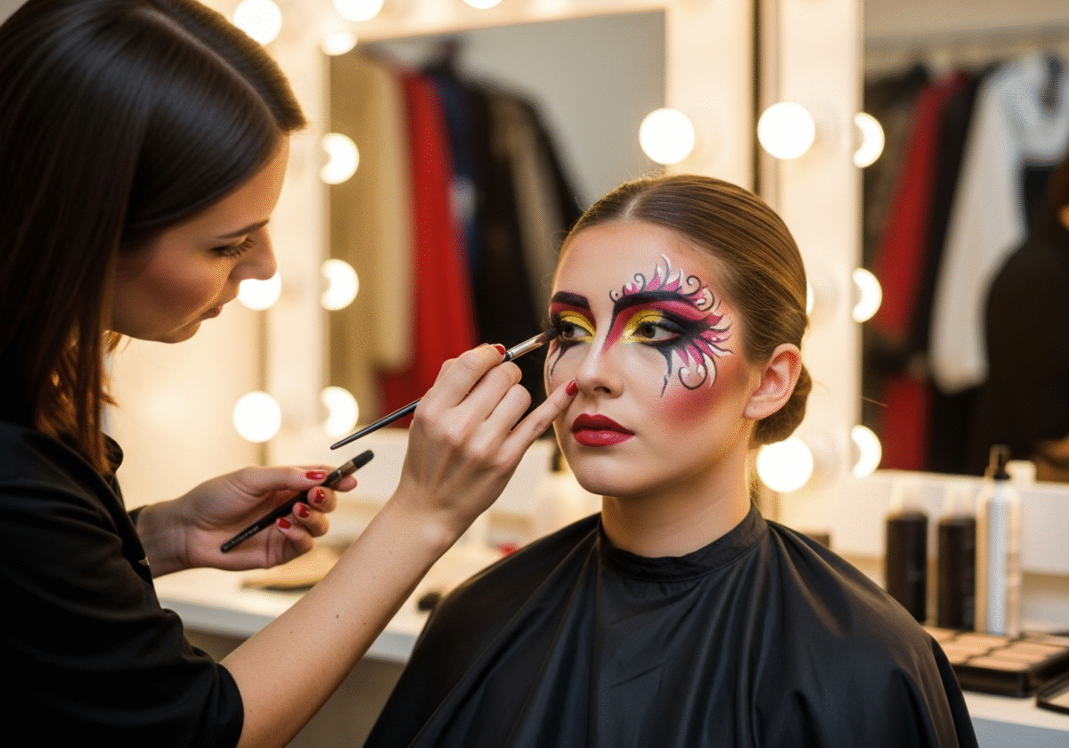 Profesjonalna makijażystka wykonuje teatralny makijaż na kobiecie w garderobie z kostiumami w tle
