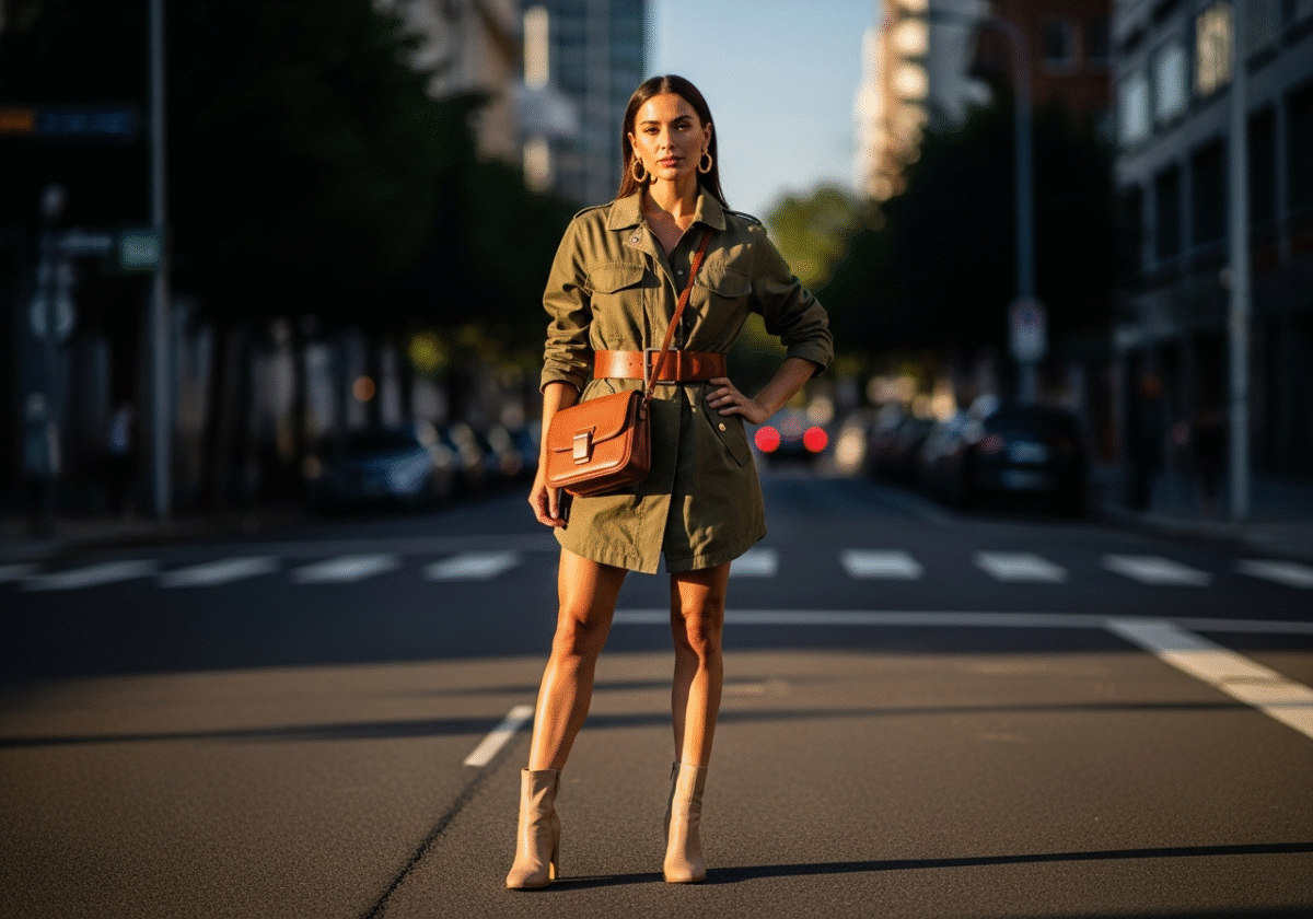 Kobieta w khaki kurtce z brązowym paskiem i beżowymi botkami stoi na miejskiej ulicy o złotej porze dnia