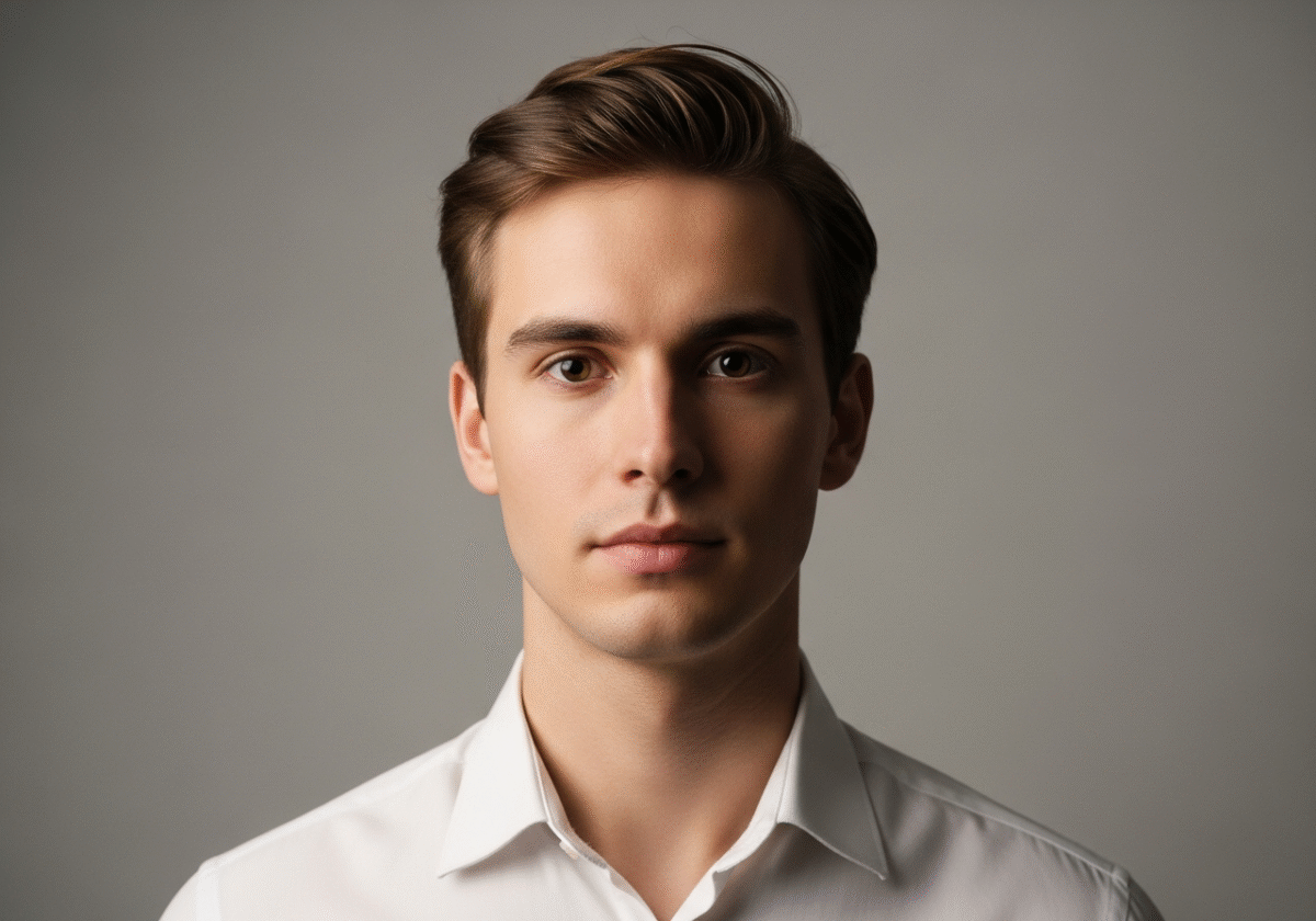 Młoda osoba w jasnej koszuli na neutralnym tle, patrząca prosto w obiektyw, zdjęcie do dokumentu.