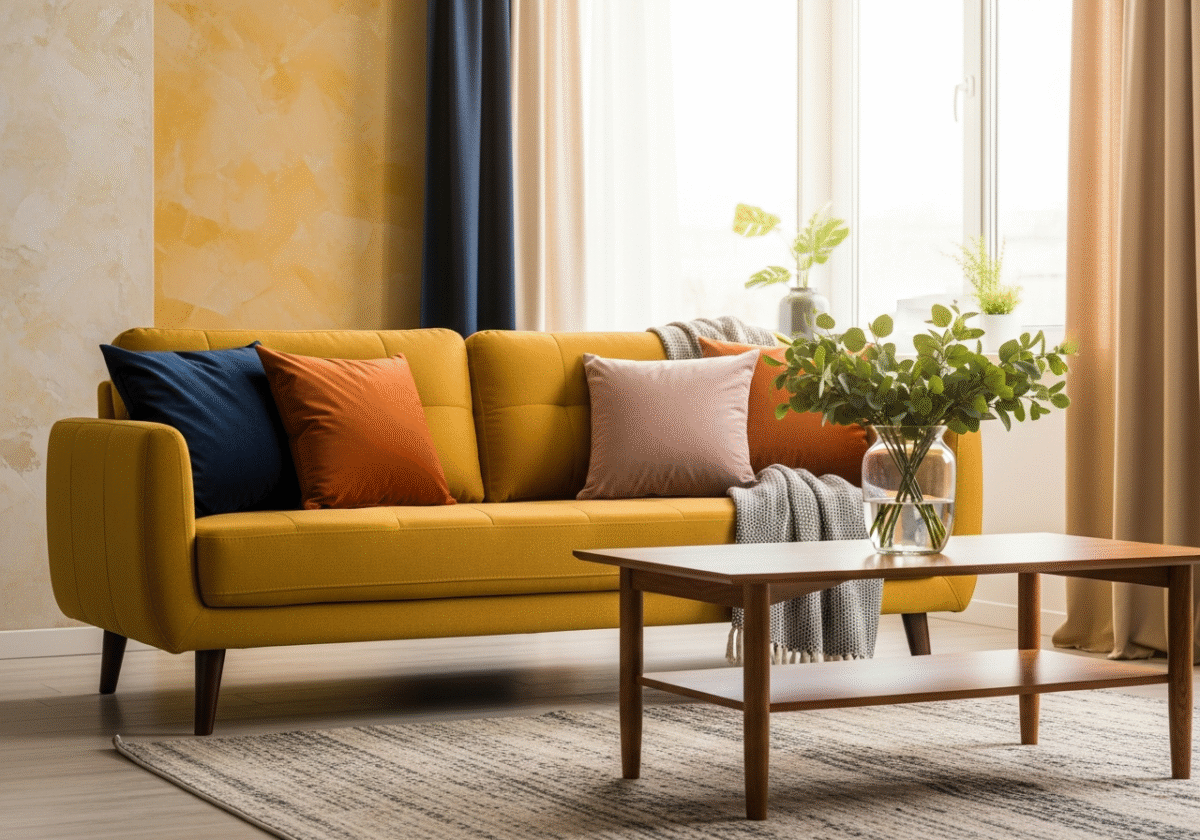 Nowoczesny salon z żółtą sofą, poduszkami i drewnianym stolikiem przy dużym oknie.