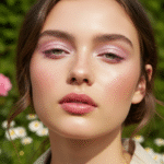 Młoda kobieta z delikatnym makijażem i naturalną fryzurą na tle zielonego ogrodu w świetle dziennym