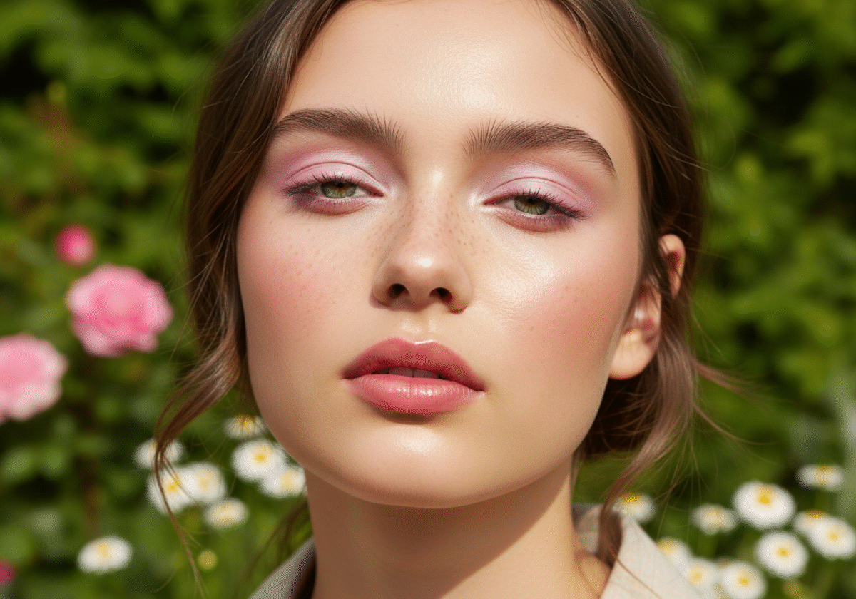 Młoda kobieta z delikatnym makijażem i naturalną fryzurą na tle zielonego ogrodu w świetle dziennym
