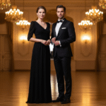 Para w eleganckim stroju wieczorowym stoi w luksusowej sali balowej z kryształowymi żyrandolami.