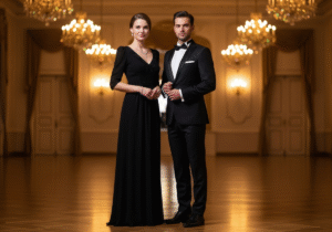 Para w eleganckim stroju wieczorowym stoi w luksusowej sali balowej z kryształowymi żyrandolami.