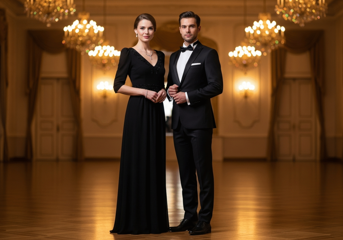 Para w eleganckim stroju wieczorowym stoi w luksusowej sali balowej z kryształowymi żyrandolami.