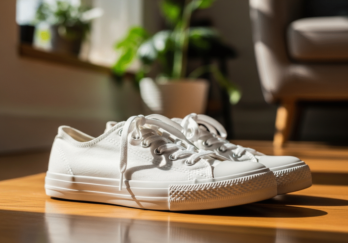 Białe tenisówki na drewnianej podłodze w domowym, przytulnym wnętrzu z roślinami w tle.