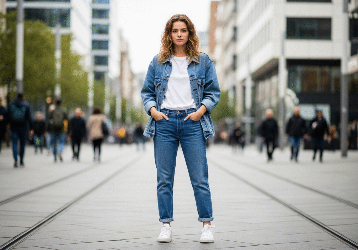 Młoda kobieta w boyfriend jeans, białym t-shircie i oversize kurtce na ulicy miasta w dziennym świetle