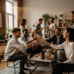 Młodzi ludzie w smart casual świętują parapetówkę w przytulnym, nowoczesnym salonie, stukając się kieliszkami.