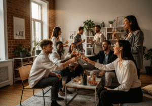 Młodzi ludzie w smart casual świętują parapetówkę w przytulnym, nowoczesnym salonie, stukając się kieliszkami.