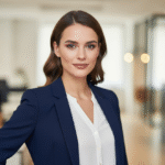 Młoda bizneswoman w granatowej marynarce stoi na tle rozmytego biura z delikatnym uśmiechem