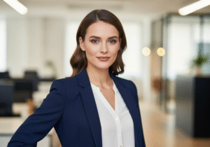 Młoda bizneswoman w granatowej marynarce stoi na tle rozmytego biura z delikatnym uśmiechem