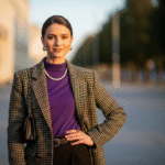 Młoda kobieta w modnym stroju stoi pewnie na tle miejskiej scenerii oświetlonej złotą godziną.