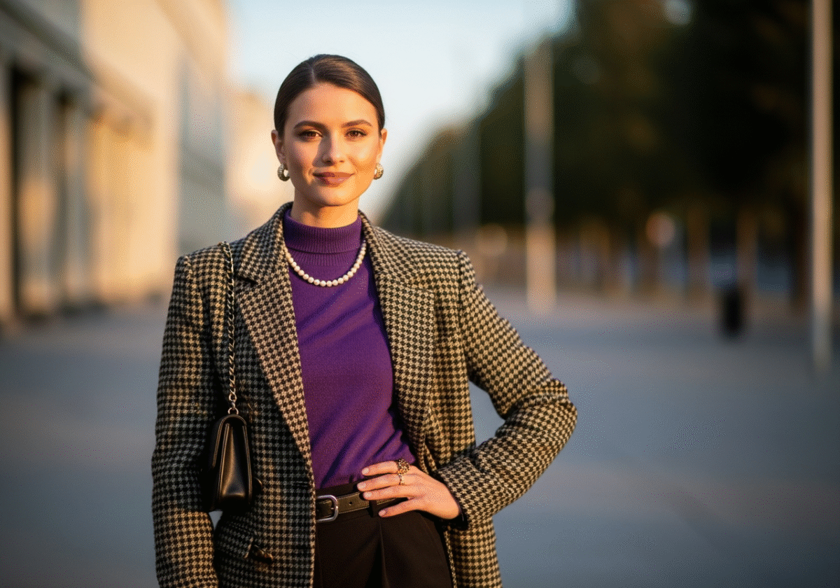 Młoda kobieta w modnym stroju stoi pewnie na tle miejskiej scenerii oświetlonej złotą godziną.