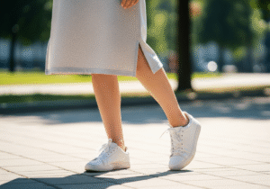 Młoda kobieta w sportowej sukience i białych sneakersach stoi na tle miejskiego parku w słoneczny dzień