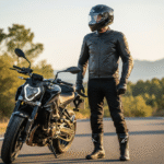 Motocyklista w pełnym ubiorze stoi przy nowoczesnym motocyklu na drodze o zachodzie słońca