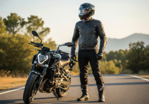 Motocyklista w pełnym ubiorze stoi przy nowoczesnym motocyklu na drodze o zachodzie słońca