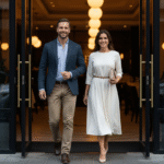 Para w eleganckich ubraniach wchodzi do stylowej restauracji w ciągu dnia przez szklane drzwi.