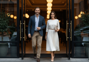 Para w eleganckich ubraniach wchodzi do stylowej restauracji w ciągu dnia przez szklane drzwi.