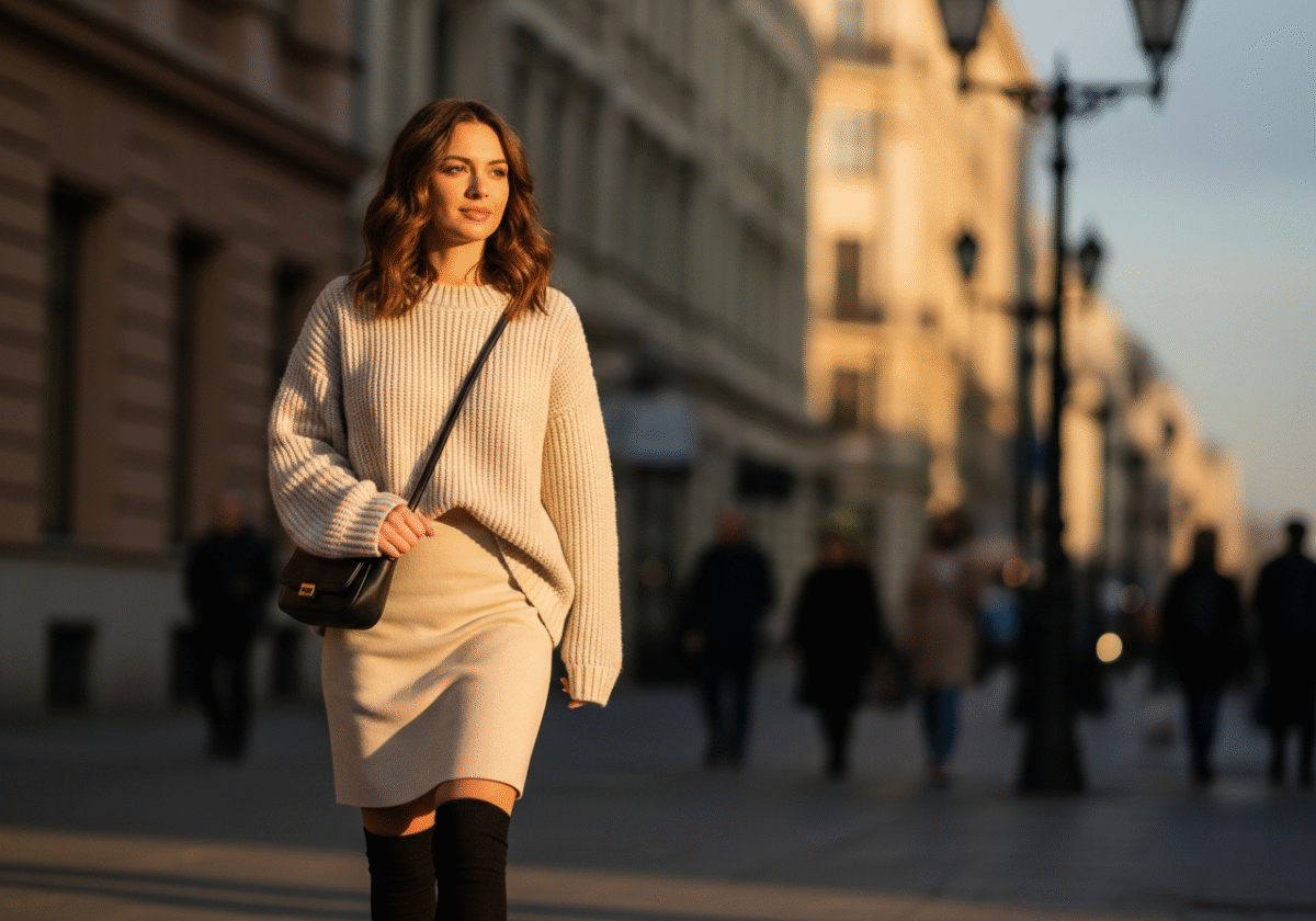 Młoda kobieta w modnych podkolanówkach i swobodnym sweterkowym stroju na miejskiej ulicy.