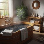 Łazienka spa z drewnianą wanną wypełnioną borowinową wodą i naturalnym oświetleniem, rośliny, ręczniki, kapcie.