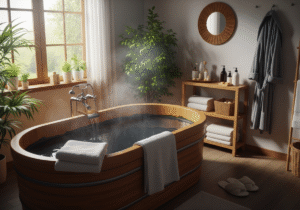 Łazienka spa z drewnianą wanną wypełnioną borowinową wodą i naturalnym oświetleniem, rośliny, ręczniki, kapcie.