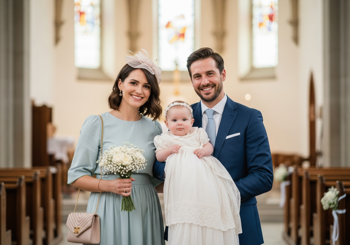 Rodzina w eleganckich strojach podczas chrztu w jasnym wnętrzu kościoła z dzieckiem w białej szacie
