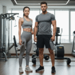 Młoda para w sportowych ubraniach stoi w nowoczesnej siłowni z butelkami wody i sprzętem fitness.