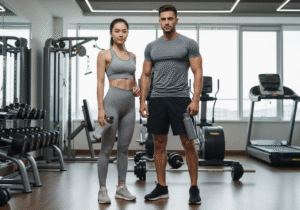 Młoda para w sportowych ubraniach stoi w nowoczesnej siłowni z butelkami wody i sprzętem fitness.