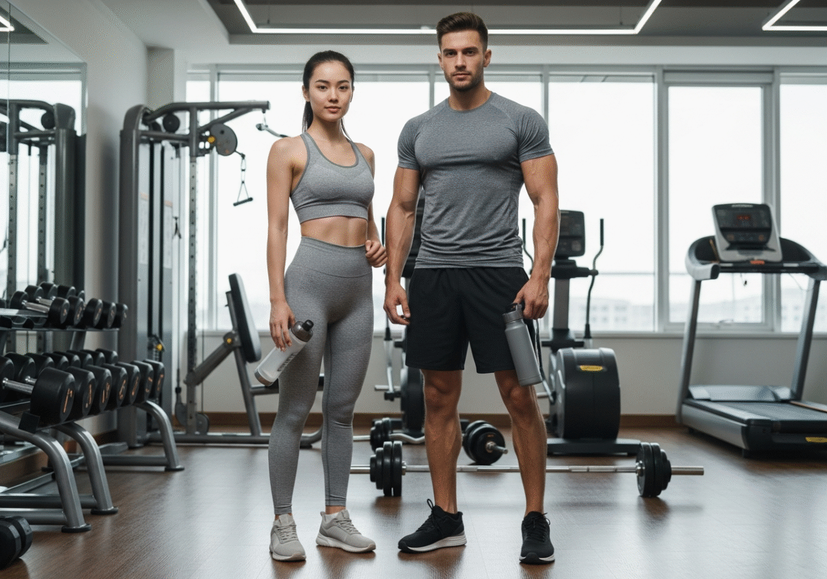 Młoda para w sportowych ubraniach stoi w nowoczesnej siłowni z butelkami wody i sprzętem fitness.