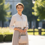 Stylowa kobieta 50 lat w komfortowym, eleganckim ubraniu stoi w parku przy naturalnym świetle.