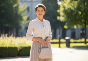 Stylowa kobieta 50 lat w komfortowym, eleganckim ubraniu stoi w parku przy naturalnym świetle.