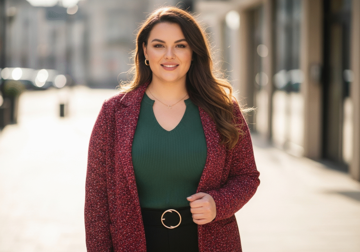 Pewna siebie kobieta plus size w modnym stroju, stojąca na tle miejskiego krajobrazu, uśmiechnięta i naturalna