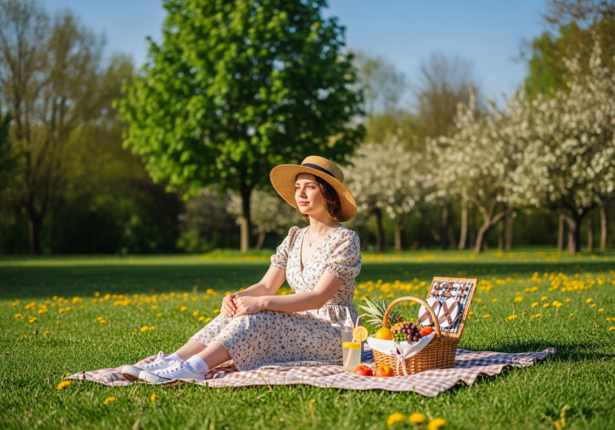 Kobieta na pikniku na kocu w parku z koszem i lemoniadą, w letniej sukience i kapeluszu.