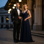 Elegancka para przed historyczną salą koncertową o zmierzchu w klasycznym stroju wieczorowym