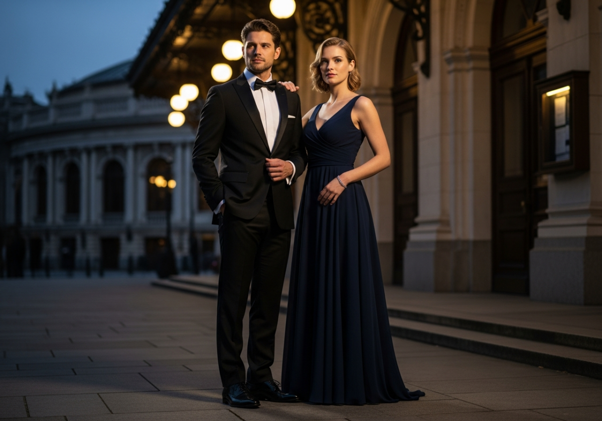 Elegancka para przed historyczną salą koncertową o zmierzchu w klasycznym stroju wieczorowym